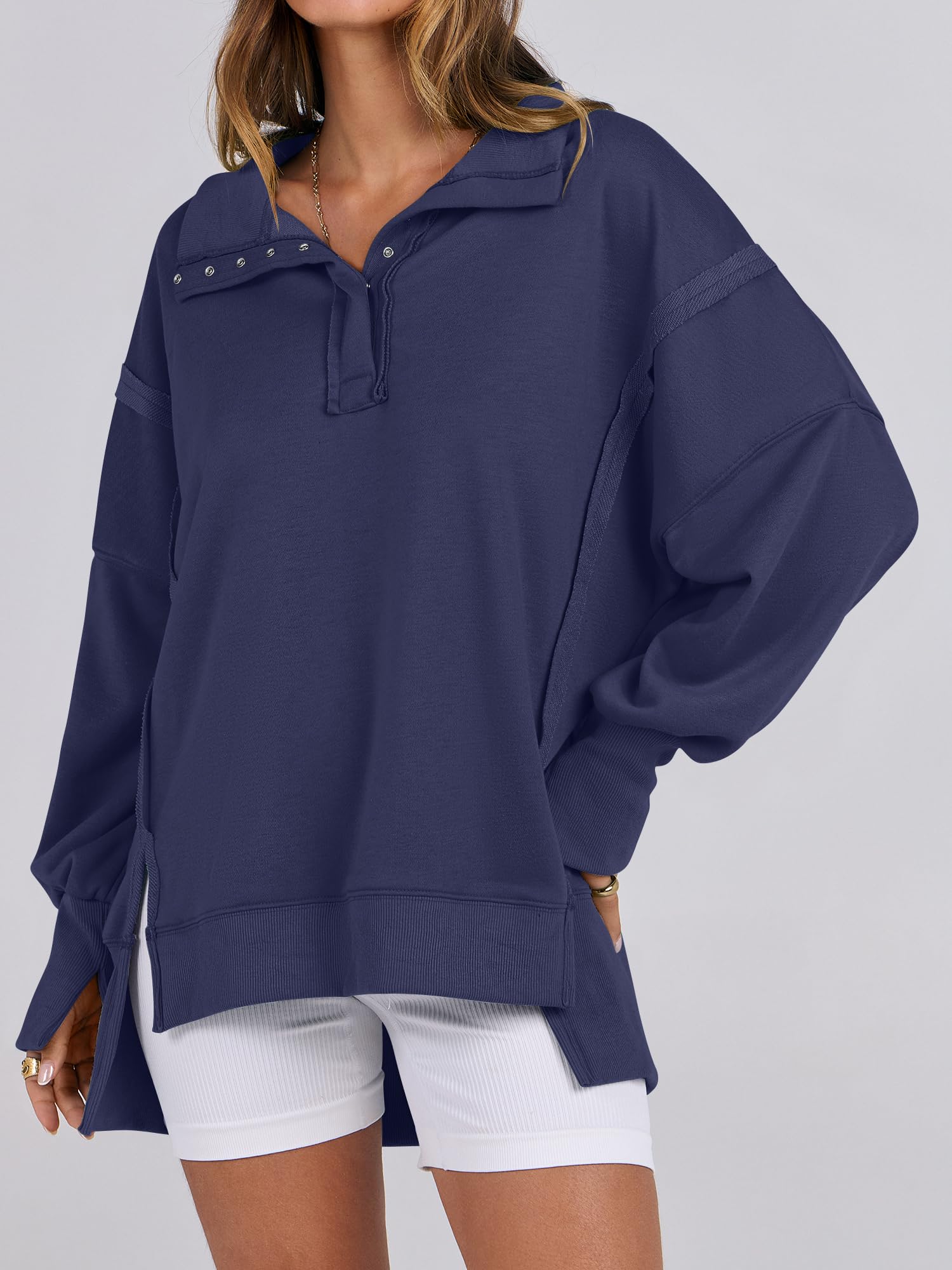✨Women's Oversized High Low Split Button Up Henley Pullover Top
