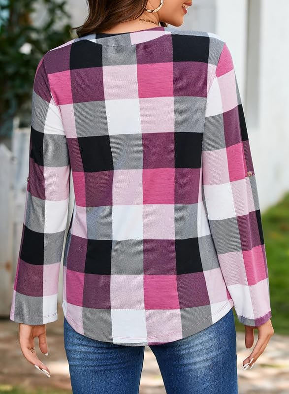 ✨Women's V Neck Plaid Print Cuffed Long Sleeve Shirt
