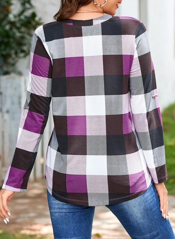 ✨Women's V Neck Plaid Print Cuffed Long Sleeve Shirt