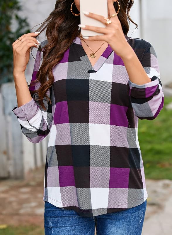 ✨Women's V Neck Plaid Print Cuffed Long Sleeve Shirt
