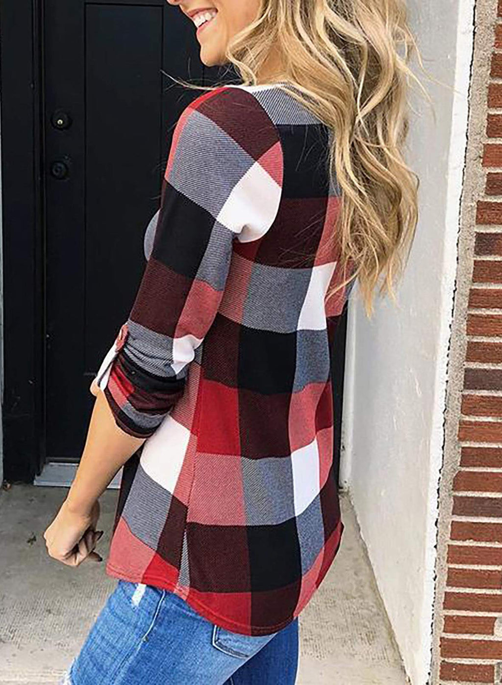 ✨Women's V Neck Plaid Print Cuffed Long Sleeve Shirt