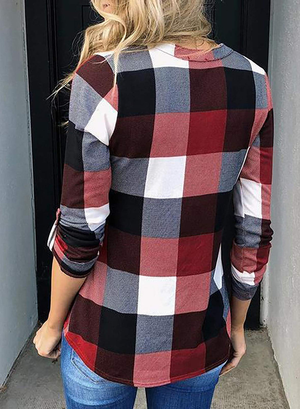 ✨Women's V Neck Plaid Print Cuffed Long Sleeve Shirt