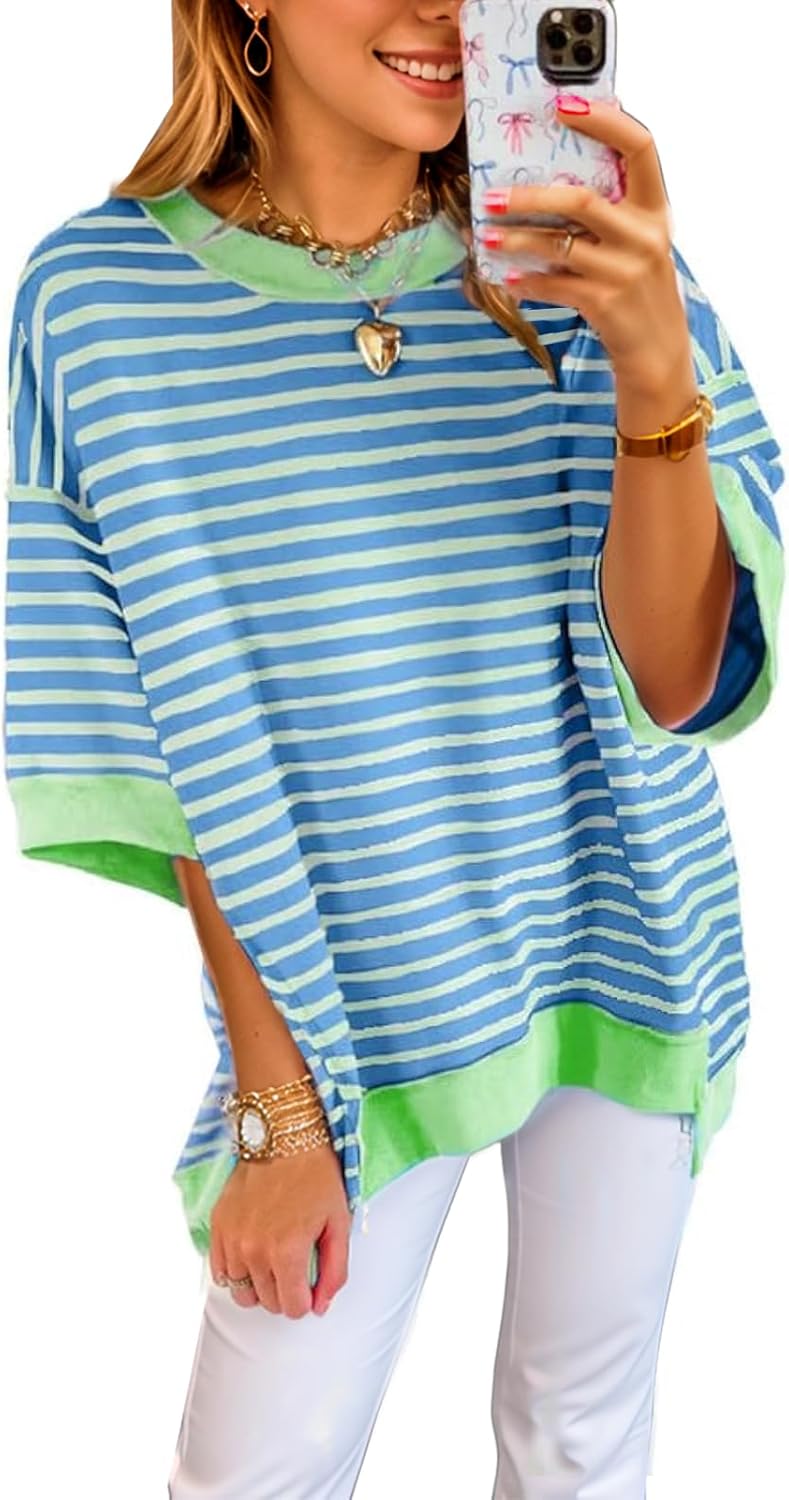 ✨Womens Oversized Striped Color Block Casual Half Sleeve Tops