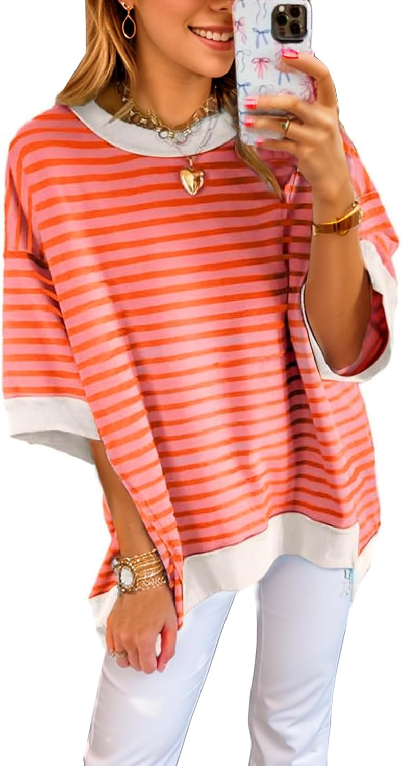 ✨Womens Oversized Striped Color Block Casual Half Sleeve Tops