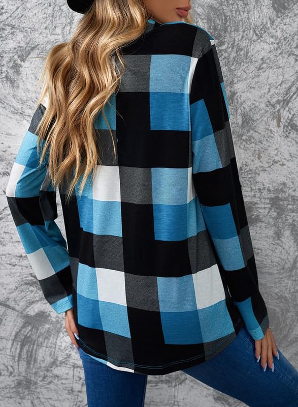 ✨Women's V Neck Plaid Print Cuffed Long Sleeve Shirt