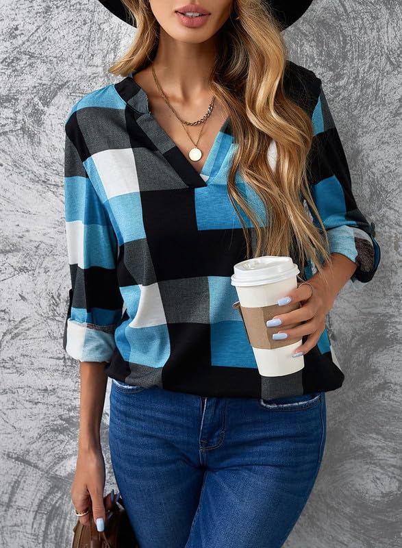 ✨Women's V Neck Plaid Print Cuffed Long Sleeve Shirt