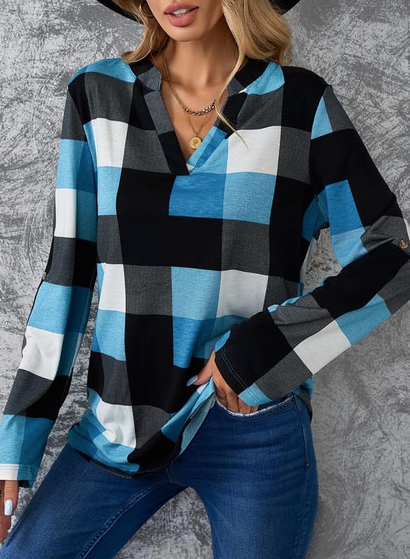 ✨Women's V Neck Plaid Print Cuffed Long Sleeve Shirt