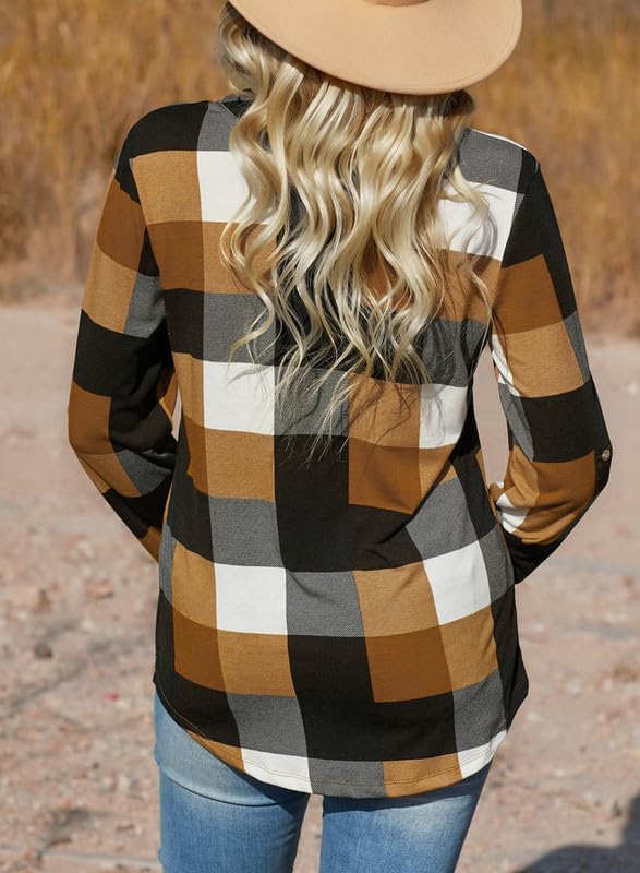 ✨Women's V Neck Plaid Print Cuffed Long Sleeve Shirt
