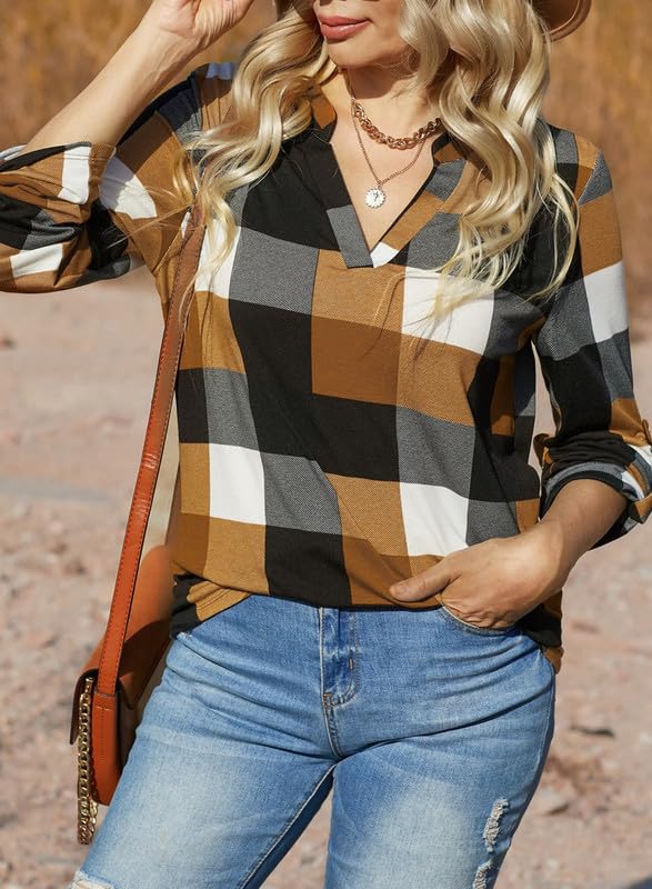 ✨Women's V Neck Plaid Print Cuffed Long Sleeve Shirt