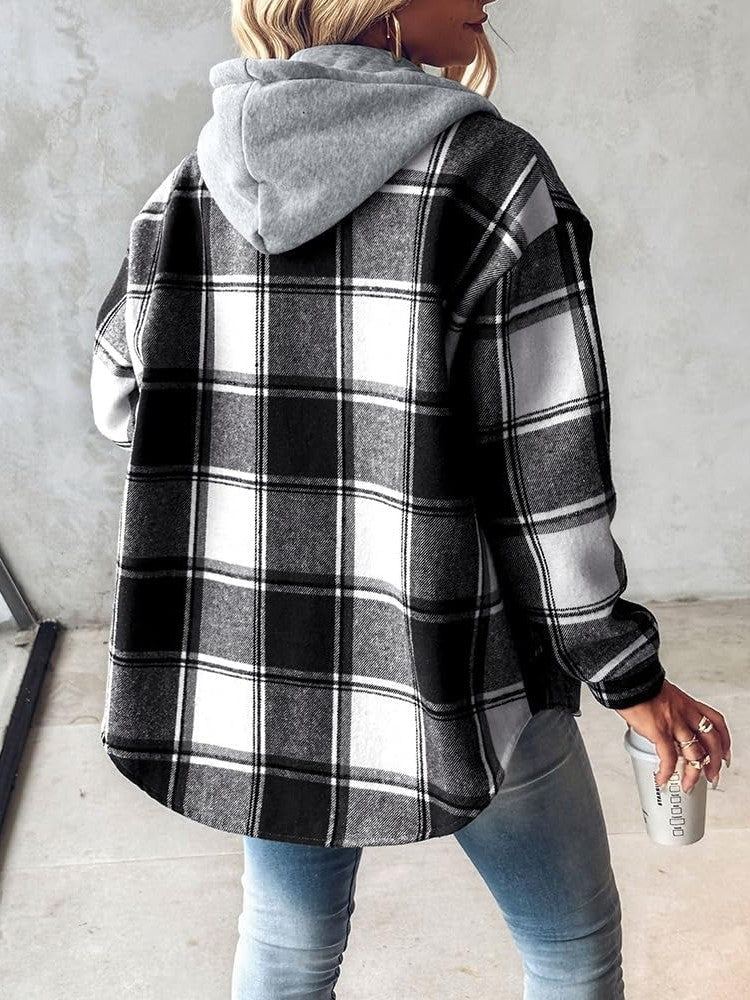 ✨Women's Plaid Button Down Fleece Lined Hooded Jackets Warm Coat