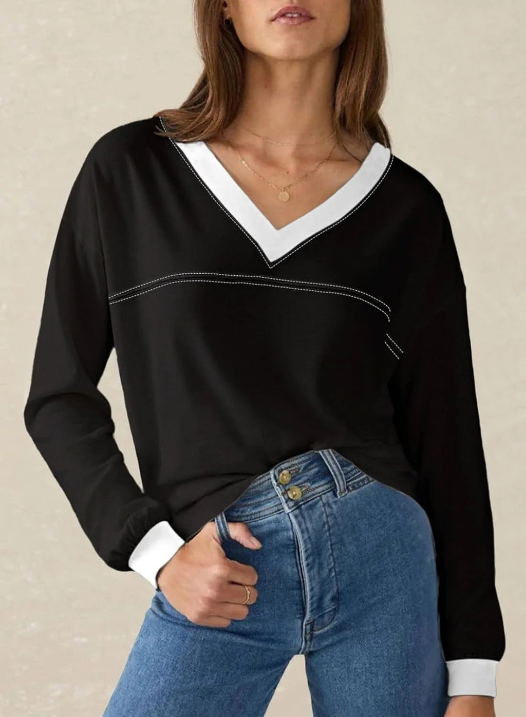 Women's Loose V-Neck Long Sleeve Colorblock T-shirt (Buy 2 Free Shipping)