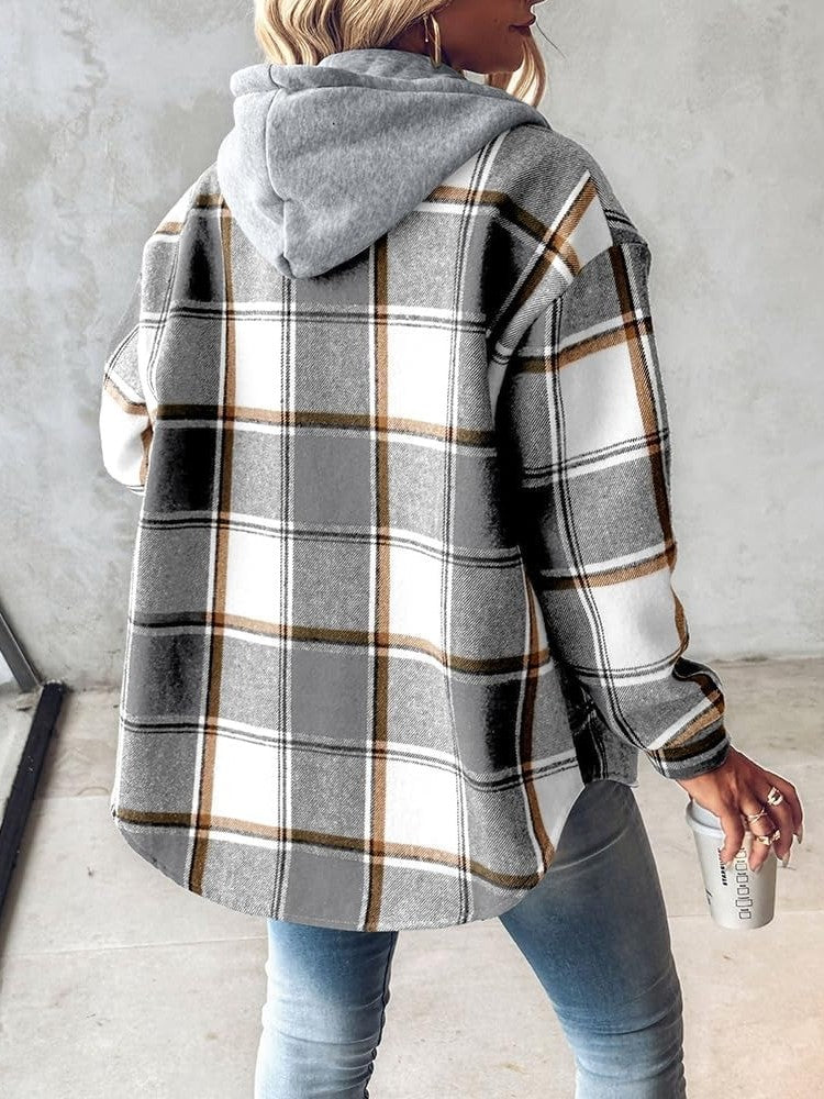 ✨Women's Plaid Button Down Fleece Lined Hooded Jackets Warm Coat