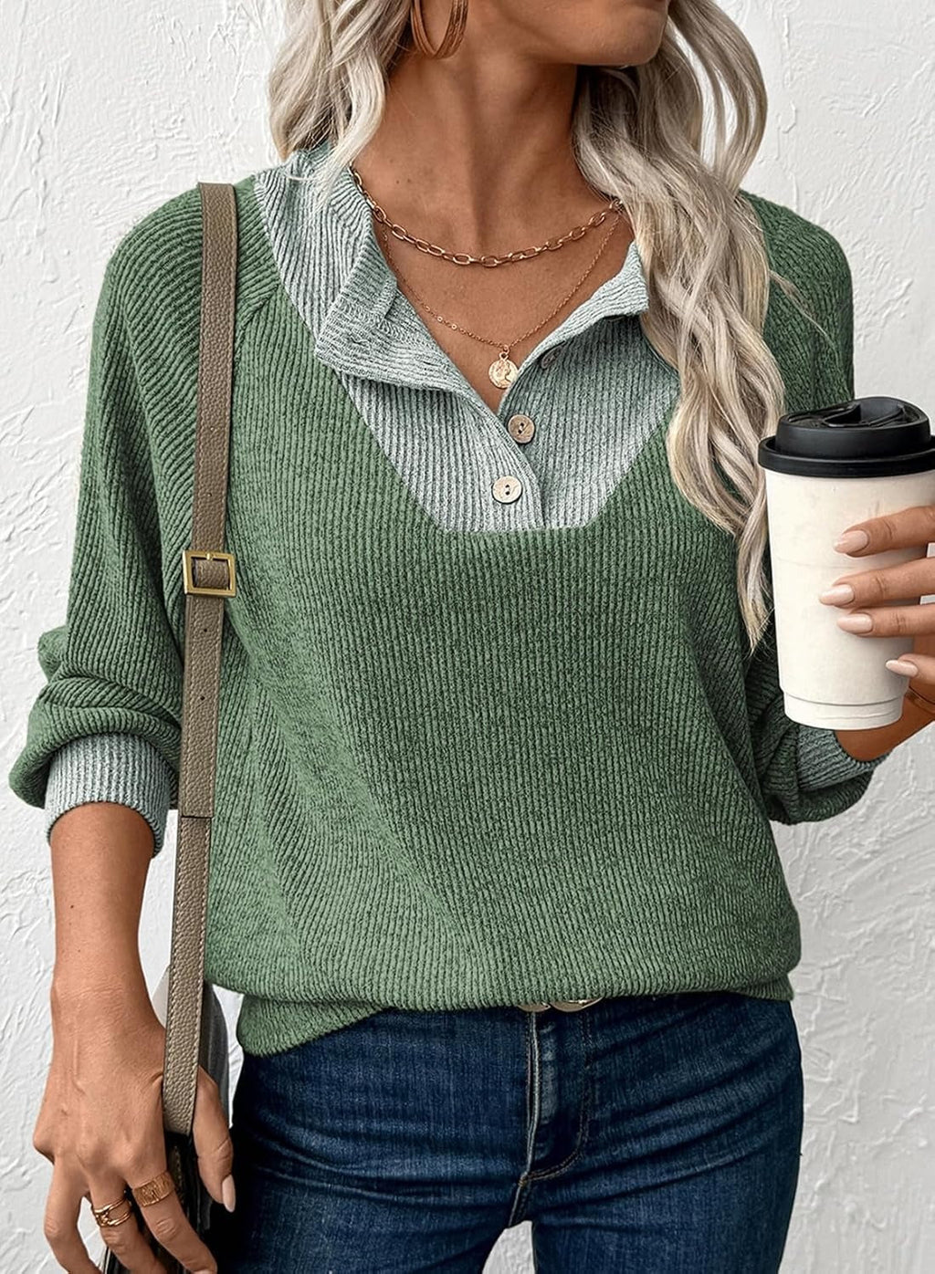 ✨Women's Colorblock Button Up V Neck Long Sleeve Casual Sweatshirts