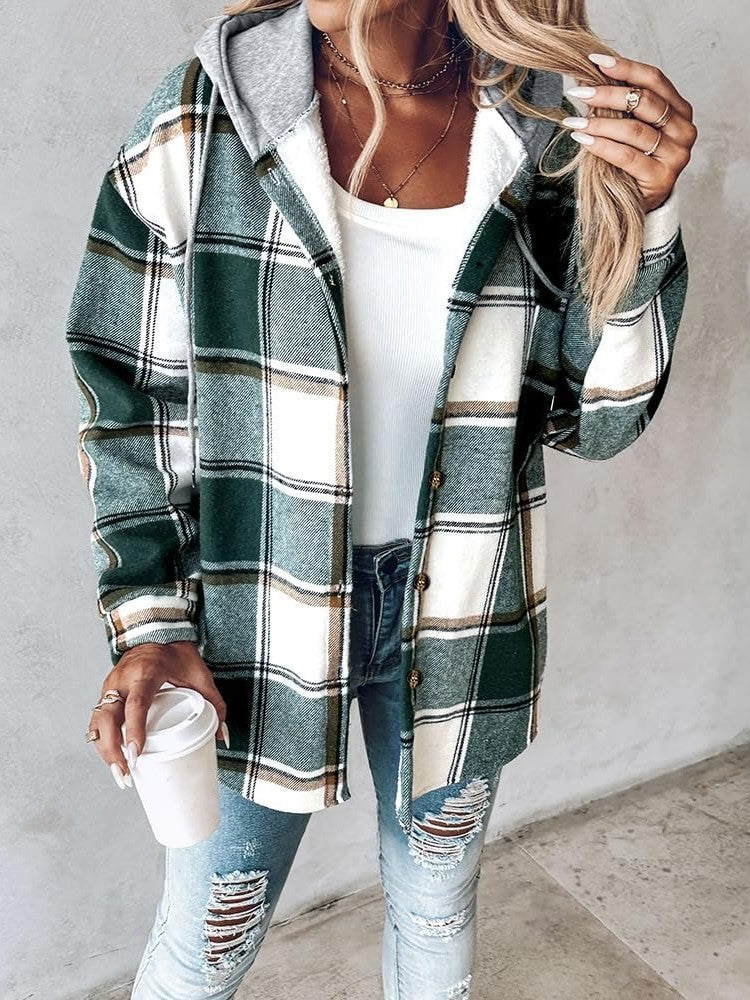 ✨Women's Plaid Button Down Fleece Lined Hooded Jackets Warm Coat