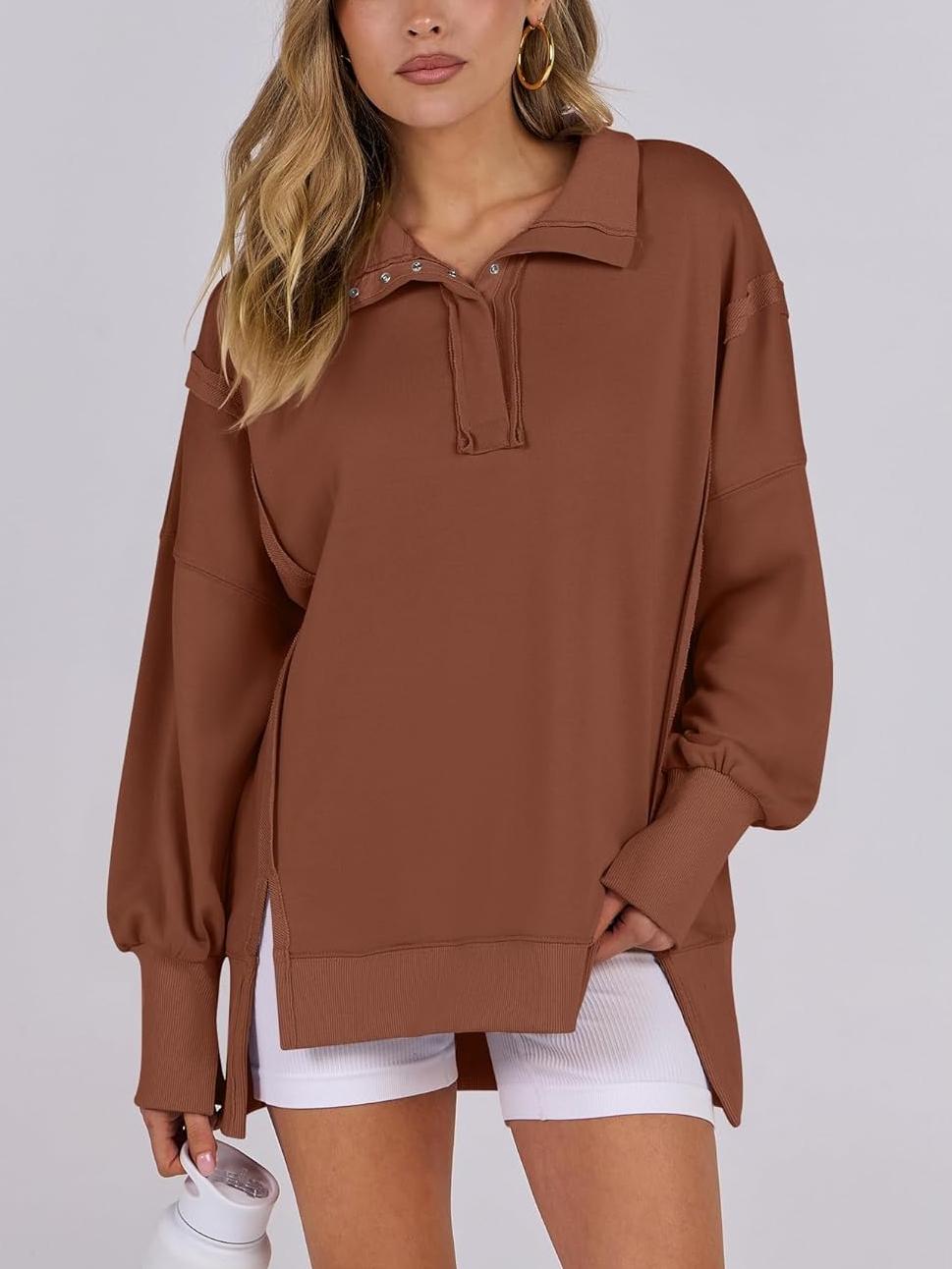 ✨Women's Oversized High Low Split Button Up Henley Pullover Top