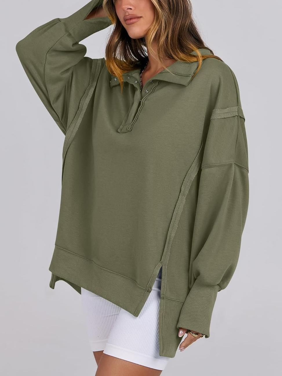 ✨Women's Oversized High Low Split Button Up Henley Pullover Top