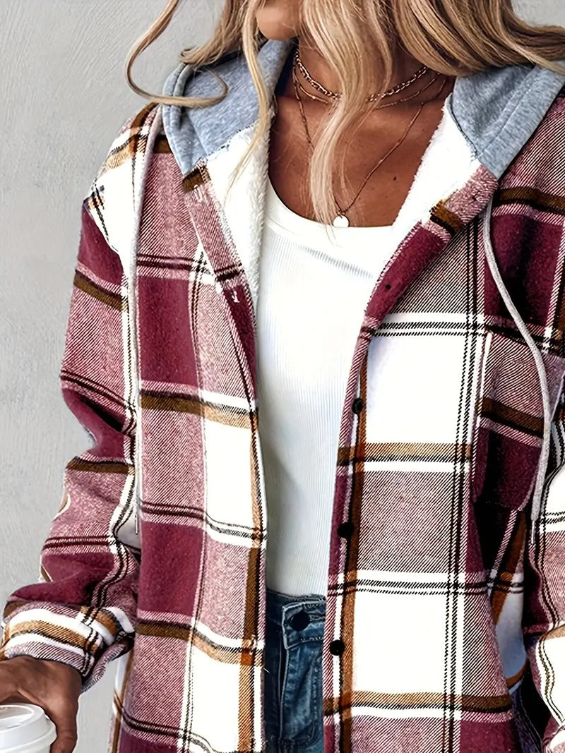 ✨Women's Plaid Button Down Fleece Lined Hooded Jackets Warm Coat