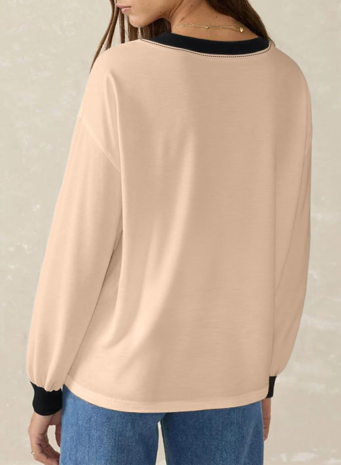 Women's Loose V-Neck Long Sleeve Colorblock T-shirt (Buy 2 Free Shipping)