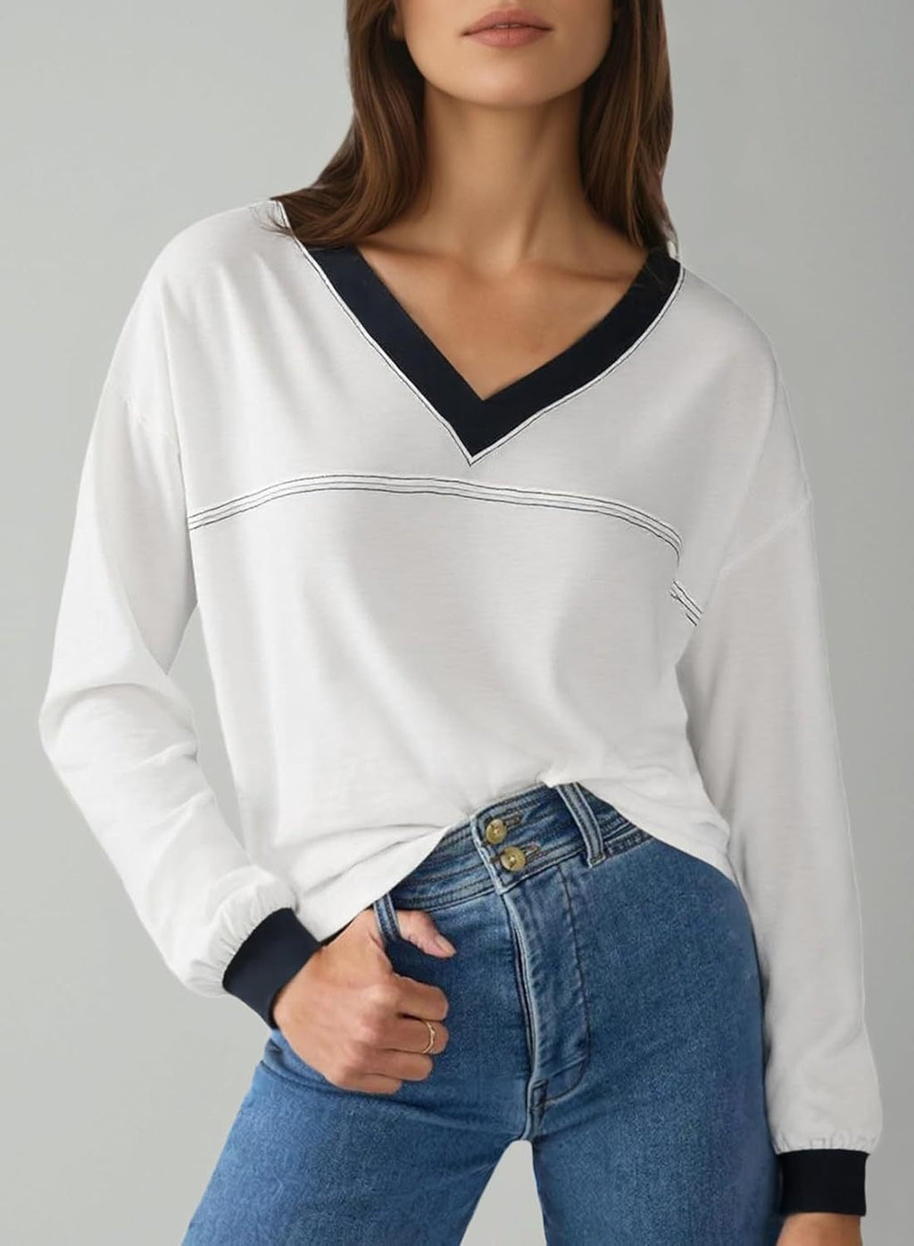 Women's Loose V-Neck Long Sleeve Colorblock T-shirt (Buy 2 Free Shipping)