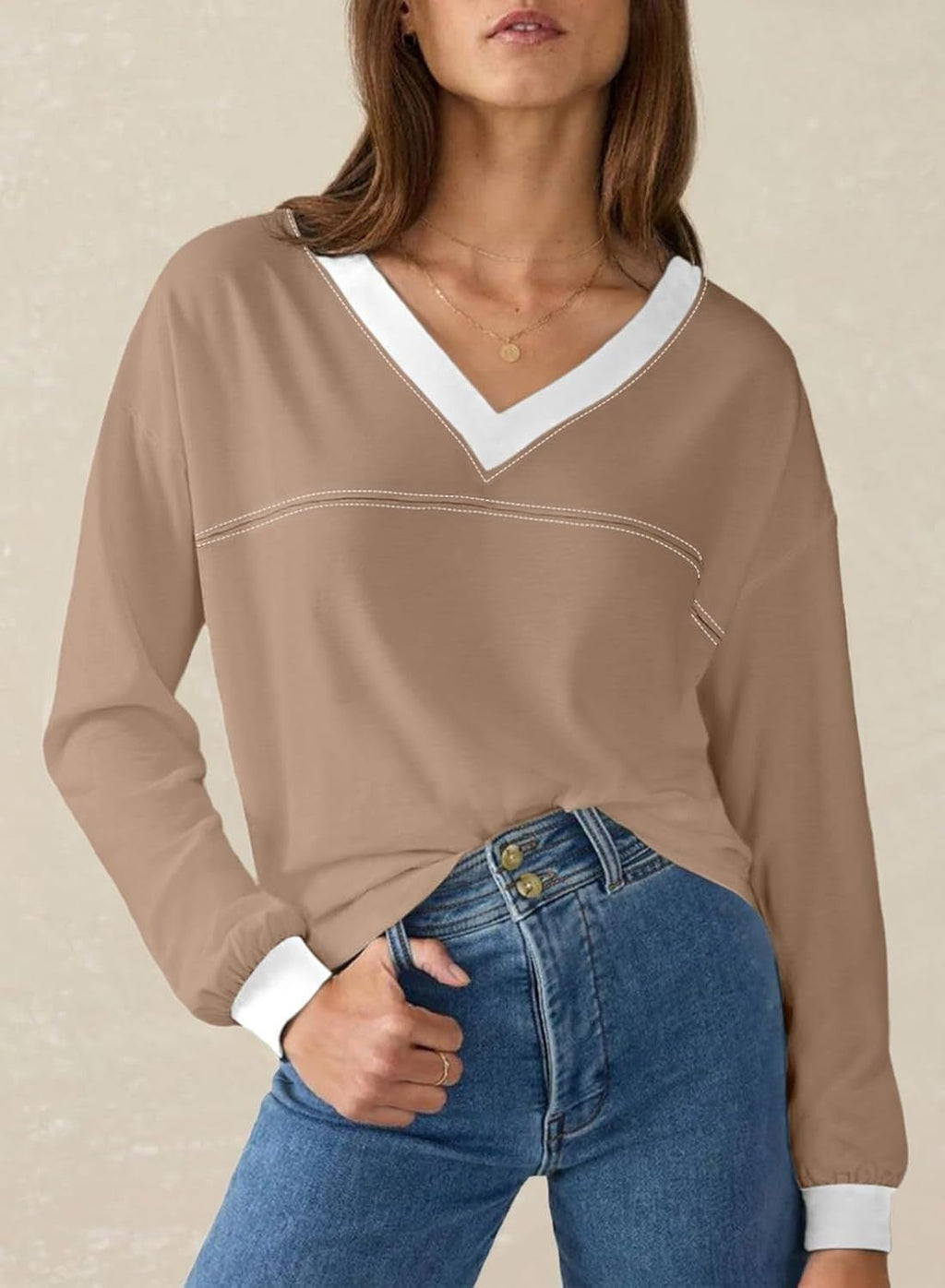 Women's Loose V-Neck Long Sleeve Colorblock T-shirt (Buy 2 Free Shipping)