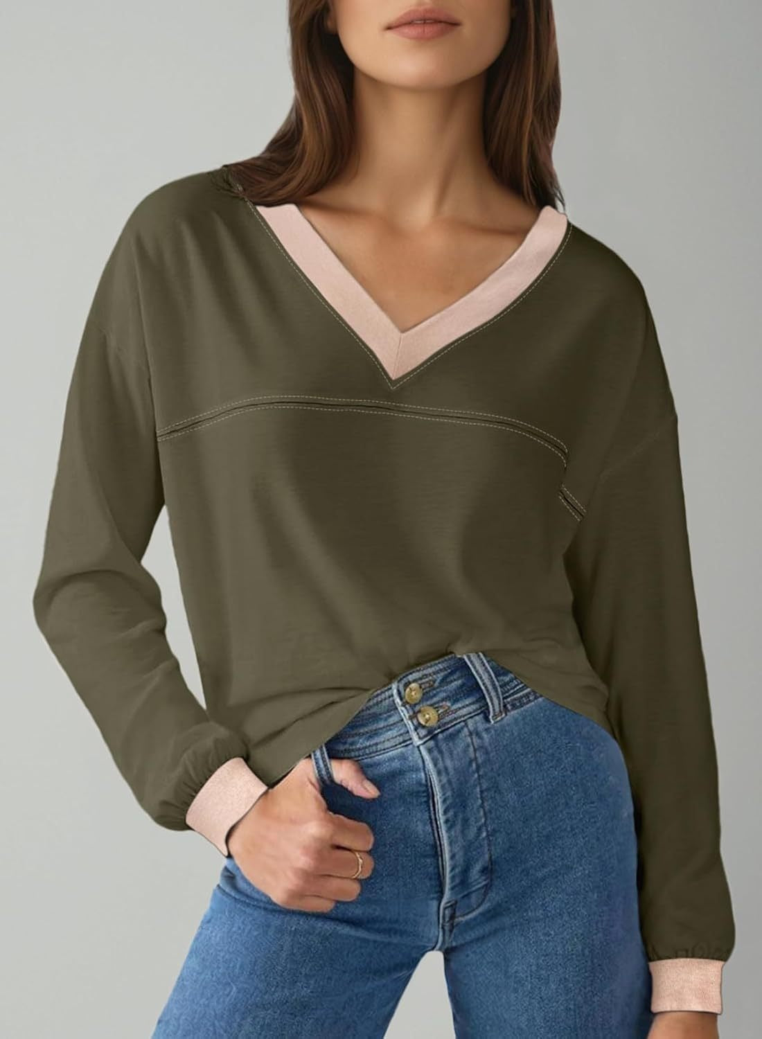 Women's Loose V-Neck Long Sleeve Colorblock T-shirt (Buy 2 Free Shipping)