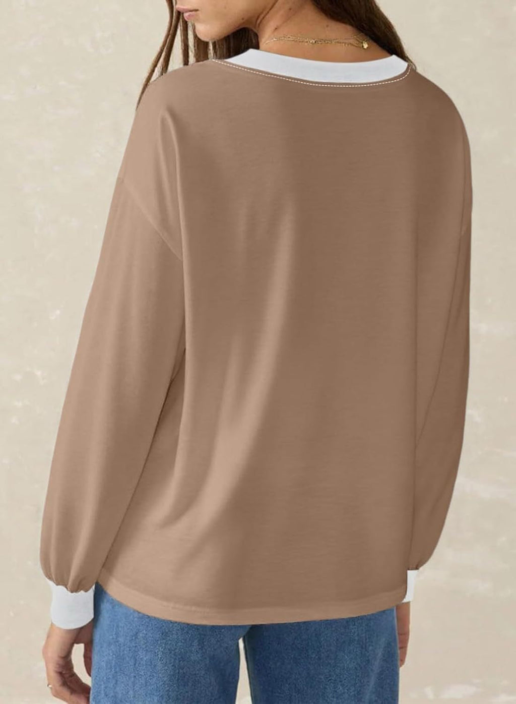 Women's Loose V-Neck Long Sleeve Colorblock T-shirt (Buy 2 Free Shipping)