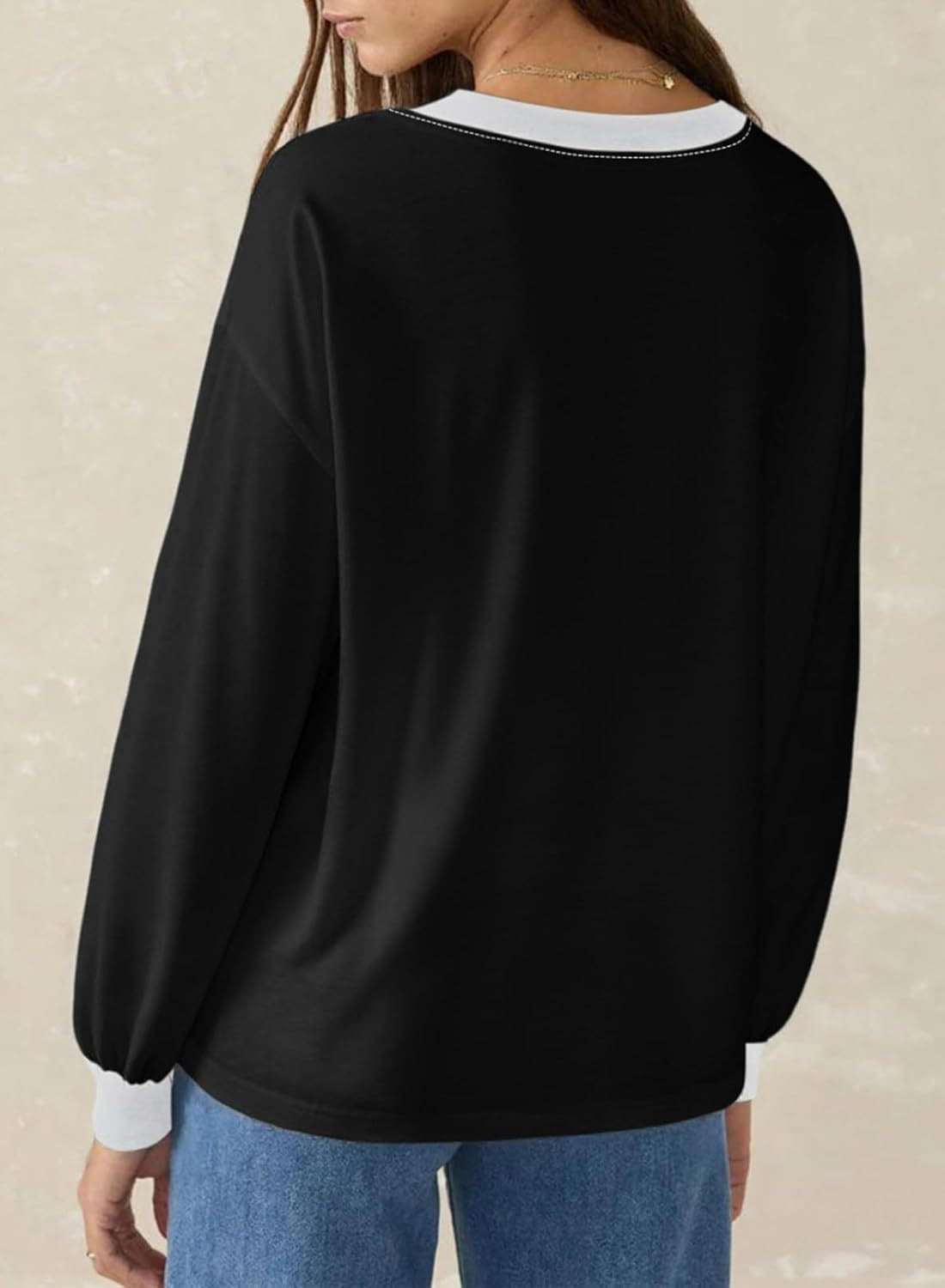 Women's Loose V-Neck Long Sleeve Colorblock T-shirt (Buy 2 Free Shipping)