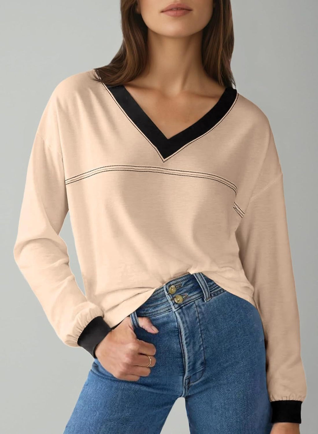 Women's Loose V-Neck Long Sleeve Colorblock T-shirt (Buy 2 Free Shipping)