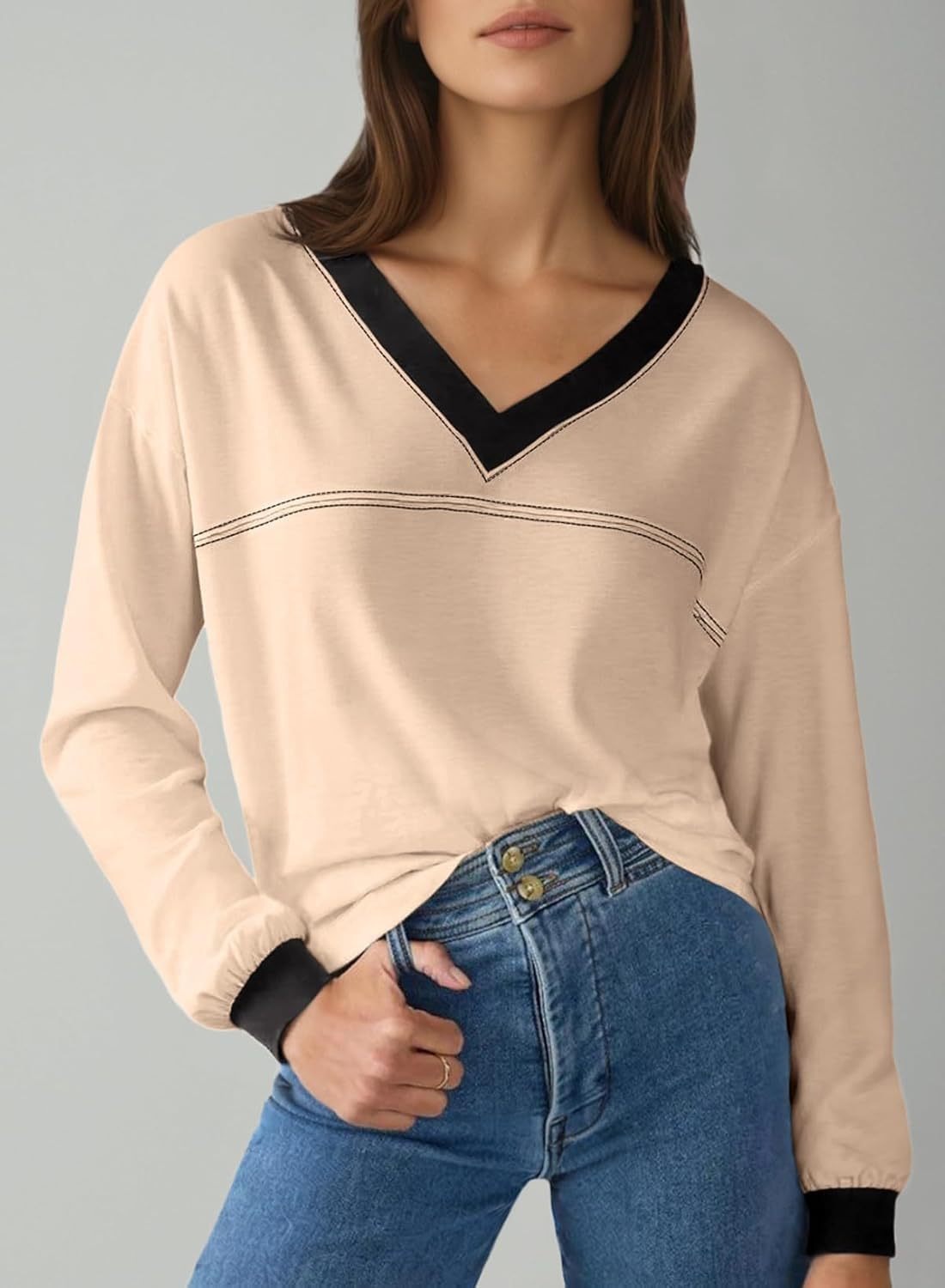 Women's Loose V-Neck Long Sleeve Colorblock T-shirt (Buy 2 Free Shipping)