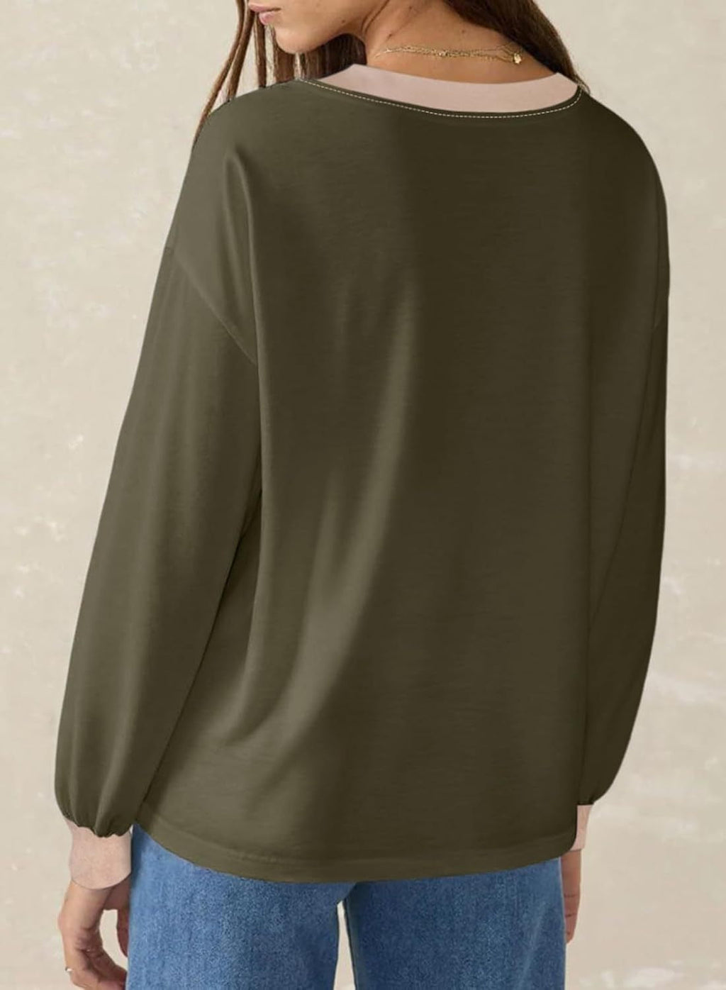 Women's Loose V-Neck Long Sleeve Colorblock T-shirt (Buy 2 Free Shipping)